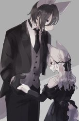 Rule 34 | 1boy, 1girl, animal ears, black bow, black dress, black hair, black neckwear, bow, dress, formal, furry, gloves, grey hair, grey vest, hair bow, height difference, highres, holding hands, meg (115meg), necktie, off-shoulder dress, off shoulder, original, suit, tail, tail through clothes, vest, wavy mouth, wolf ears, wolf tail