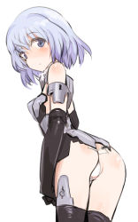 Rule 34 | 10s, 1girl, ass, bare shoulders, blue eyes, detached collar, elbow gloves, female focus, frame arms girl, from behind, gloves, looking at viewer, looking back, lowres, materia (frame arms girl), materia kuro, panties, shimada fumikane, short hair, silver hair, simple background, solo, thighhighs, underwear
