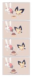 Rule 34 | 4koma, :3, ?, absurdres, bag, blue sclera, blush stickers, bowl, brown background, closed mouth, colored sclera, comic, confused, creatures (company), fang, food, game freak, gen 2 pokemon, happy, highres, holding, jpeg artifacts, looking at another, looking up, multiple views, nervous, nintendo, notice lines, o o, open mouth, outline, pet bowl, pichu, poke ball symbol, poke ball theme, pokemon, pokemon (creature), scared, simple background, smile, spill, sweat, tachibana (pictln spr), tears, trembling, walking, white eyes, white outline