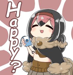 Rule 34 | bird tail, brown hair, brown sweater, chibi, closed eyes, commentary request, dodo (kemono friends), english text, fur collar, fur trim, grey skirt, hair ornament, hairband, highres, hood, hood down, kemono friends, multicolored hair, notora, open mouth, pink hair, pink hairband, pleated skirt, poncho, simple background, skirt, sleeveless, sweater, tail