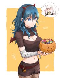 Rule 34 | 2girls, bandaged arm, bandages, black shorts, blue eyes, blue hair, breasts, byleth (female) (fire emblem), byleth (fire emblem), candy, cleavage, closed mouth, fake horns, fire emblem, fire emblem: three houses, food, holding, horns, long hair, lysithea von ordelia, multiple girls, nintendo, pantyhose, pink eyes, robaco, shorts, simple background, solo focus, white hair