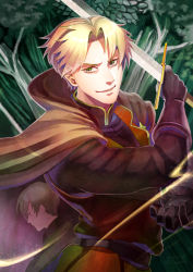 Rule 34 | 2boys, blonde hair, brown cape, brown eyes, brown gloves, cape, day, dylan the island king, ethan the exiled hero, facial hair, forest, gloves, holding, holding sword, holding weapon, looking at viewer, male focus, mizuki apple, multiple boys, nature, outdoors, pixiv fantasia, pixiv fantasia last saga, profile, smirk, stubble, sword, upper body, weapon
