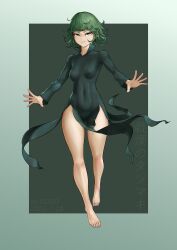 Rule 34 | 1girl, absurdres, artist name, bare legs, barefoot, black background, black dress, breasts, covered navel, dated, dress, full body, gogo (gogo 23), green hair, grey background, highres, long sleeves, one-punch man, short hair, small breasts, smile, solo, tatsumaki, teeth, translation request