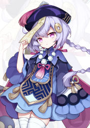 Rule 34 | 1girl, :o, absurdres, arm up, bandages, beads, braid, cowboy shot, dress, genshin impact, hair ornament, hat, highres, holding, jewelry, jiangshi, long hair, long sleeves, looking at viewer, necklace, ofuda, poinia, purple eyes, purple hair, purple hat, qingdai guanmao, qiqi (genshin impact), simple background, solo, thighhighs, white background, white thighhighs, wide sleeves, zoom layer