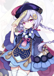 1girl :o absurdres arm_up bandages beads braid cowboy_shot dress genshin_impact hair_ornament hat highres holding jewelry jiangshi long_hair long_sleeves looking_at_viewer necklace ofuda origami_(poinia) purple_eyes purple_hair purple_hat qingdai_guanmao qiqi_(genshin_impact) simple_background solo thighhighs white_background white_thighhighs wide_sleeves zoom_layer