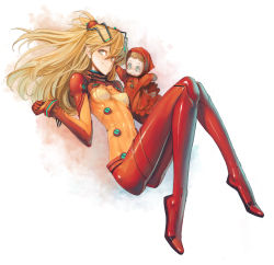 Rule 34 | 00s, 1girl, aqua eyes, ataruman, bodysuit, breasts, doll, evangelion: 2.0 you can (not) advance, headgear, highres, legs folded, light brown hair, long hair, looking at viewer, multicolored clothes, neon genesis evangelion, pilot suit, plugsuit, rebuild of evangelion, skin tight, skinny, small breasts, solo, souryuu asuka langley, test plugsuit, two side up, white background