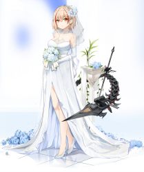 Rule 34 | 1girl, absurdres, azur lane, blonde hair, bouquet, bridal gauntlets, bridal veil, dress, flower, full body, high heels, highres, holding, holding bouquet, looking at viewer, mechanical tail, multicolored hair, qing wu, red hair, reflective floor, roon (azur lane), shoes, smile, solo, standing, streaked hair, tail, tile floor, tiles, two-tone hair, veil, wedding dress, white dress, white flower, white footwear, yellow eyes