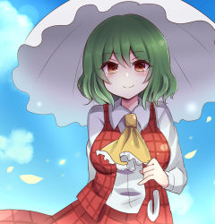 Rule 34 | 1girl, blue sky, blush, breasts, cloud, collared shirt, day, artistic error, gradient eyes, green hair, hair between eyes, highres, holding, holding umbrella, kazami yuuka, light particles, long sleeves, looking at viewer, medium breasts, multicolored eyes, open clothes, open vest, orange eyes, outdoors, outline, parasol, petals, plaid, plaid skirt, plaid vest, red eyes, red skirt, red vest, shiny skin, shirt, skirt, skirt set, sky, smile, solo, subaru (subachoco), touhou, umbrella, vest, wavy hair, white shirt, wind