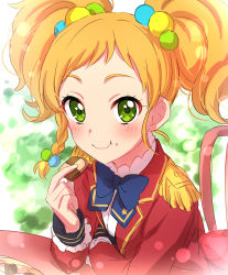 Rule 34 | 10s, 1girl, :t, aikatsu! (series), aikatsu stars!, blue bow, blue bowtie, blurry, blush, bokeh, bow, bowtie, braid, checkerboard cookie, chocolate, closed mouth, commentary request, cookie, depth of field, eating, epaulettes, food, food on face, green eyes, hair bobbles, hair ornament, highres, holding, holding food, jacket, lens flare, lens flare abuse, long sleeves, looking at viewer, multicolored hair bobbles, nikaido yuzu, orange hair, red jacket, s4 uniform, sekina, short hair, side braid, single braid, smile, solo, twintails, wavy mouth