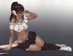 Rule 34 | 1girl, absurdres, arm support, au ra, warrior of light (ff14), bare arms, bare shoulders, belt, black-framed eyewear, black hair, black skirt, black socks, blush, breasts, brown belt, collarbone, commentary, commission, crop top, dark-skinned female, dark skin, dragon horns, dragon tail, final fantasy, final fantasy xiv, frilled skirt, frills, full body, glasses, grey background, highres, horns, jewelry, kneehighs, long hair, looking at viewer, medium breasts, midriff, miniskirt, navel, one eye closed, open mouth, ponytail, scales, shellvi, shoes, sitting, skirt, smile, socks, solo, stomach, tail, thighhighs, tongue, v over eye, white footwear, zettai ryouiki