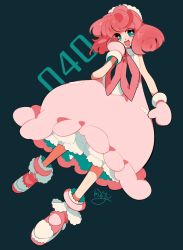 Rule 34 | 1girl, blue background, blue eyes, creatures (company), dress, female focus, full body, game freak, gen 1 pokemon, gloves, hand on own face, hand up, happy, looking to the side, mittens, nintendo, open mouth, personification, pink dress, pink footwear, pink gloves, pink hair, pokedex number, pokemon, pokemon rgby, sameyama jiro, shoes, short hair, signature, simple background, sleeveless, sleeveless dress, smile, solo, text focus, wigglytuff