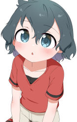 Rule 34 | 1girl, :o, absurdres, black hair, chis (js60216), commentary, grey shorts, highres, kaban (kemono friends), kemono friends, light blush, looking at viewer, parted lips, red shirt, shirt, short hair, short sleeves, shorts, simple background, sitting, solo, white background