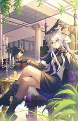 Rule 34 | 2girls, absurdres, ahoge, animal ear fluff, animal ears, arknights, baozi21215, black dress, black footwear, black gloves, black hair, black jacket, black necktie, blue eyes, boots, candelabra, candle, candlestand, chair, chinese commentary, cigarette, closed mouth, coin, colored inner hair, column, commentary request, crossed legs, dress, gloves, hair between eyes, highres, holding, holding coin, indoors, jacket, lappland (arknights), lappland (refined horrormare) (arknights), long hair, long sleeves, looking at viewer, mouth hold, multicolored hair, multiple girls, necktie, official alternate costume, on chair, open clothes, open jacket, pillar, ponytail, purple eyes, railing, red hair, red shirt, scar, scar across eye, shirt, sitting, table, texas (arknights), texas (willpower) (arknights), vest, white hair, white vest, wide sleeves, wolf ears, wolf girl