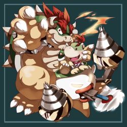 Rule 34 | 2boys, bowser, bowser jr., claws, drill, fang, father and son, grin, horns, mario (series), multiple boys, nintendo, open mouth, red eyes, red hair, sawblade, smile, spikes, super mario bros. 1, super smash bros., teeth, yellow eyes