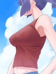Rule 34 | 1girl, alternate hairstyle, amino (tn7135), bad id, bad pixiv id, blue hair, blue sky, breasts, cloud, contemporary, covered erect nipples, crop top, day, gradient background, large breasts, looking away, no bra, ponytail, sky, sleeveless, solo, sweat, touhou, upper body, yasaka kanako
