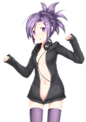 Rule 34 | 1girl, blush, bottomless, breasts, coat, hair ornament, hairclip, headphones, headphones around neck, highres, hood, hoodie, jacket, naked coat, naked hoodie, navel, open clothes, open jacket, open mouth, original, paw pose, purple eyes, purple hair, ricegnat, short hair, sideboob, small breasts, solo, thighhighs