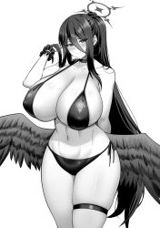 Rule 34 | 1girl, arm behind back, bikini, blue archive, breasts, cleavage, closed mouth, collar, collarbone, greyscale, hair between eyes, halo, hand in own hair, hasumi (blue archive), highres, huge breasts, kanno takanori, long hair, looking at viewer, low wings, mole, mole under eye, monochrome, navel, ponytail, side-tie bikini bottom, sidelocks, simple background, smile, solo, swimsuit, thigh strap, very long hair, wings, wrist cuffs