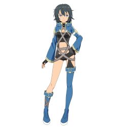 Rule 34 | 10s, 1girl, asymmetrical legwear, black gloves, black hair, black shorts, blue eyes, blue footwear, boots, breasts, cleavage, crop top, fingerless gloves, full body, gloves, hand on own hip, looking at viewer, medium breasts, midriff, navel, official art, philia (sao), philia (sao-alo), short hair, short shorts, shorts, simple background, smile, solo, standing, stomach, sword art online, thigh boots, thighhighs, uneven legwear, white background