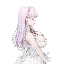 Rule 34 | 1girl, azur lane, blunt bangs, breasts, choker, cleavage, clover hair ornament, dress, earrings, facing to the side, flower, from side, gloves, hair flower, hair ornament, half gloves, jewelry, large breasts, light purple hair, long hair, necktie, ohisashiburi, own hands together, plymouth (azur lane), purple eyes, purple hair, sleeveless, sleeveless dress, white background, white choker, white dress