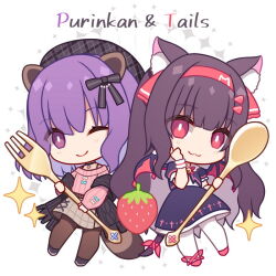 Rule 34 | 2girls, :3, ;), beret, black footwear, black jacket, black skirt, brown hair, brown pantyhose, brown skirt, closed mouth, commentary request, copyright request, fork, fringe trim, hairband, hat, hitsuki rei, holding, holding fork, holding spoon, jacket, long sleeves, multiple girls, one eye closed, pantyhose, pink sweater, plaid headwear, puffy long sleeves, puffy short sleeves, puffy sleeves, purple eyes, purple hair, red eyes, red footwear, red hairband, red wings, ribbed sweater, shawl, shirt, shoes, short sleeves, simple background, skirt, smile, sparkle, spoon, sweater, virtual youtuber, white background, white pantyhose, white shirt, wings, wrist cuffs