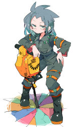 Rule 34 | 1girl, absurdres, adapted costume, alternate costume, blouse, boots, breast pocket, drill, grey eyes, grey hair, grey shirt, hand on own hip, highres, himemushi momoyo, massakasama, messy hair, pants, pants tucked in, pocket, power drill, power tool, rubber boots, shirt, simple background, solo, touhou, white background