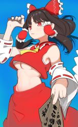 Rule 34 | 1girl, absurdres, arm up, ascot, bandages, bare shoulders, blue background, blush, bow, breasts, brown hair, closed mouth, collar, collared shirt, detached sleeves, gohei, hair ornament, hair tubes, hakurei reimu, hand up, highres, long sleeves, looking to the side, medium breasts, red bow, red eyes, red shirt, red skirt, serakawa, shirt, short hair, simple background, skirt, smile, solo, touhou, underboob, wide sleeves, yellow ascot