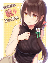 Rule 34 | 1girl, bare shoulders, belt, black shirt, blush, bracelet, breasts, brown eyes, brown hair, brown skirt, closed mouth, commentary request, dotted line, flower, green ribbon, hair between eyes, hair flower, hair ornament, hair over shoulder, hair ribbon, heart, hitsuki rei, jewelry, large breasts, long hair, looking at viewer, original, pointy ears, ribbon, shirt, skirt, sleeveless, sleeveless shirt, smile, solo, sparkle, striped clothes, striped shirt, translation request, vertical-striped clothes, vertical-striped shirt, very long hair, white belt, white flower