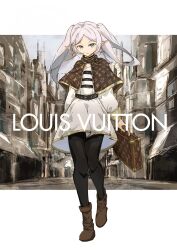 Rule 34 | 1girl, belt, black belt, briefcase, brown capelet, brown footwear, building, capelet, earrings, fashion, frieren, gold trim, green eyes, highres, jewelry, louis vuitton (brand), outside border, pointy ears, sousou no frieren, t.k.c, twintails, white hair