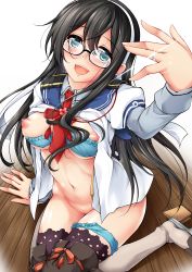 Rule 34 | 1girl, :d, black hair, blue bra, blue eyes, blush, bra, bra pull, breasts, breasts out, clothes lift, clothes pull, commentary request, floor, glasses, hairband, head tilt, jewelry, kantai collection, long hair, looking at viewer, maineko ruru, medium breasts, military, military uniform, navel, necktie, nipples, ooyodo (kancolle), open mouth, panties, panties around leg, red necktie, ring, shirt lift, sitting, smile, solo, thighhighs, underwear, uniform, wariza, wedding band, white background, white hairband, wooden floor