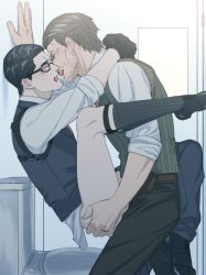 Rule 34 | 2boys, anal, bad id, bad pixiv id, bathroom, black gloves, black hair, bottomless, brown hair, clothed sex, drooling, french kiss, glasses, gloves, implied sex, joseph oda, kiss, kneehighs, legwear garter, male focus, male penetrated, multiple boys, pigno, sebastian castellanos, sex, socks, striped clothes, striped legwear, striped socks, the evil within, toilet, tongue, tongue out, vertical-striped clothes, vertical-striped legwear, vertical-striped socks, vest, waistcoat, yaoi