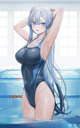Rule 34 | 1girl, :d, armpits, arms behind head, arms up, bare arms, bare shoulders, black one-piece swimsuit, blue eyes, blue hair, blush, breasts, cleavage, competition swimsuit, covered navel, cowboy shot, duplicate, gradient hair, groin, hair between eyes, hair ornament, hairclip, highleg, highleg leotard, highres, indoors, large breasts, legs together, leotard, long hair, looking at viewer, multicolored hair, one-piece swimsuit, open mouth, original, pixel-perfect duplicate, pool, quarter 1404, sidelocks, smile, solo, standing, streaked hair, swimsuit, thighs, tsurime, two-tone swimsuit, very long hair, wading, water, wet, wet clothes, wet swimsuit, white hair, window