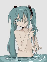 Rule 34 | 1girl, blue eyes, flat chest, frown, hair ornament, hatsune miku, highres, kyomu 305, liquid hair, long hair, melting, navel, nude, partially submerged, solo, twintails, vocaloid, water