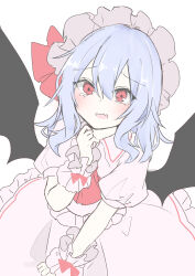 Rule 34 | 1girl, absurdres, ascot, bat wings, blue hair, blush, commentary, fang, hat, hat ribbon, highres, long hair, looking at viewer, mob cap, open mouth, pink hat, puffy short sleeves, puffy sleeves, red ascot, red eyes, red ribbon, remilia scarlet, ribbon, sabatuki, short sleeves, simple background, skin fang, solo, tears, touhou, white background, wings, wrist cuffs