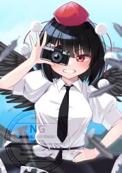 1girl black_hair black_necktie black_wings camera dress_shirt hat highres looking_at_viewer necktie open_mouth pom_pom_(clothes) puffy_short_sleeves puffy_sleeves red_eyes rital shameimaru_aya shirt short_hair short_sleeves skirt smile solo tokin_hat touhou wings