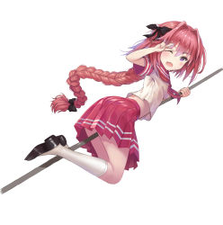 Rule 34 | 1boy, :o, astolfo (fate), astolfo (sailor paladin) (fate), between legs, black bow, black footwear, blush, bow, braid, commentary request, crop top, crop top overhang, dot nose, fang, fate/apocrypha, fate/grand order, fate (series), feet up, from side, full body, hair between eyes, hair bow, hair intakes, hands up, highres, holding, holding pole, kneehighs, loafers, long hair, looking at viewer, looking to the side, male focus, miniskirt, neckerchief, official alternate costume, one eye closed, open mouth, pink hair, pink neckerchief, pleated skirt, pole, purple eyes, red sailor collar, red skirt, sailor collar, school uniform, serafuku, shirt, shoes, short sleeves, simple background, single braid, skirt, sleeve cuffs, socks, solo, stomach, straddling, trap, v, very long hair, white background, white shirt, white socks, ysh (yysshh)