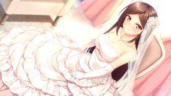 Rule 34 | 1girl, akizora momiji, blush, breasts, bridal veil, brown eyes, brown hair, cleavage, closed mouth, collarbone, dress, elbow gloves, flower, game cg, gloves, hair flower, hair ornament, hataraku otona no ren&#039;ai jijou 2, indoors, jewelry, large breasts, layered dress, long dress, long hair, looking at viewer, necklace, parted bangs, rose, seto rikako, sitting, smile, solo, strapless, strapless dress, veil, very long hair, wedding dress, white dress, white flower, white gloves, white rose