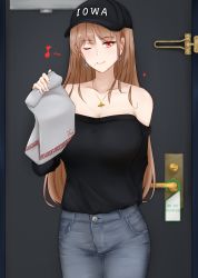 Rule 34 | 1girl, alternate costume, bag, baseball cap, black hat, black shirt, breasts, brown hair, casual, collarbone, cowboy shot, denim, earrings, hat, heart, highres, iowa (warship girls r), jeans, jewelry, large breasts, long sleeves, mole, mole under mouth, mosa331, musical note, necklace, off-shoulder shirt, off shoulder, one eye closed, pants, paper bag, red eyes, shirt, solo, standing, warship girls r