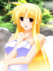 Rule 34 | 00s, 1girl, bare shoulders, blonde hair, breasts, cleavage, engo (aquawatery), covered erect nipples, fate testarossa, large breasts, long hair, lyrical nanoha, mahou shoujo lyrical nanoha strikers, naked towel, red eyes, solo, towel, very long hair, white towel