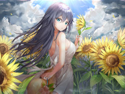 Rule 34 | 1girl, absurdres, black hair, blue eyes, blue sky, cloud, cloudy sky, dress, flower, fu hua, gr greeze, hat, highres, honkai (series), honkai impact 3rd, long hair, looking at viewer, looking to the side, open mouth, outdoors, sky, sleeveless, sleeveless dress, solo, straw hat, sundress, sunflower, white dress