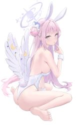 Rule 34 | 1girl, absurdres, angel wings, animal ears, ass, barefoot, blue archive, breasts, fake animal ears, fake tail, feathered wings, feet, finger to mouth, flower, gradient eyes, gyuu, hair bun, hair flower, hair ornament, halo, highres, large breasts, leotard, long hair, looking at viewer, low wings, mika (blue archive), multicolored eyes, open mouth, pink hair, playboy bunny, rabbit ears, rabbit tail, sideboob, simple background, single side bun, sitting, solo, strapless, strapless leotard, tail, very long hair, wariza, white background, white wings, wing ornament, wings, wrist cuffs, yellow eyes
