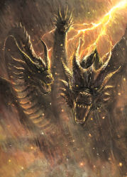 Rule 34 | absurdres, commentary request, dragon, dragon horns, fangs, g.n.a, giant, giant monster, glowing, glowing eyes, godzilla: king of the monsters, godzilla (series), highres, horns, kaijuu, king ghidorah, king ghidorah (monsterverse), legendary pictures, lightning, looking at viewer, monster, monsterverse, night, no humans, open mouth, rain, storm, toho