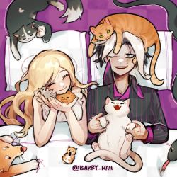 Rule 34 | 1boy, 1girl, :d, animal, animal hug, animal on shoulder, artist name, barry nah, bed, black cat, black hair, blonde hair, blush, cat, cham-p, closed eyes, danganronpa (series), danganronpa 2: goodbye despair, dog, fangs, from above, green eyes, grey eyes, grey hair, hamster, highres, holding, jum-p, long hair, lying, maga-g, multicolored hair, on back, on bed, open mouth, pajamas, pillow, shirt, short hair, smile, snake, sonia nevermind, striped clothes, striped shirt, sun-d, tanaka gundham, teeth, tongue, tongue out, twitter username, under covers, upper teeth only