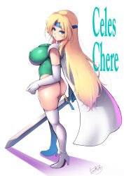 Rule 34 | 1girl, absurdres, armor, artist name, ass, blonde hair, blue eyes, blue headband, boots, breasts, c.r., cape, celes chere, character name, commentary request, covered erect nipples, elbow gloves, final fantasy, final fantasy vi, gloves, green leotard, headband, high heels, highres, holding, holding sword, holding weapon, huge breasts, leotard, long hair, looking at viewer, looking back, parted bangs, pauldrons, shadow, shoulder armor, signature, skindentation, solo, sword, thigh boots, thong, thong leotard, very long hair, weapon, white cape, white gloves