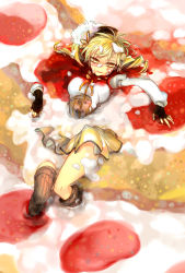 Rule 34 | 10s, 1girl, beret, blonde hair, cake, drill hair, fingerless gloves, food, gh (ront), gloves, hat, in food, loose thighhigh, mahou shoujo madoka magica, mahou shoujo madoka magica (anime), mini person, minigirl, puffy sleeves, short hair, smirk, solo, thighhighs, tomoe mami, weapon, yellow eyes