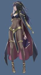 Rule 34 | 1girl, absurdres, black eyes, black hair, black nails, blue background, blunt bangs, bodysuit, book, bracelet, breasts, bridal gauntlets, cape, cleavage, covered navel, female focus, fingernails, fire emblem, fire emblem awakening, full body, hand to own mouth, headpiece, highres, jewelry, kozaki yuusuke, long fingernails, long hair, lots of jewelry, matching hair/eyes, nail polish, nintendo, official art, parted lips, pelvic curtain, scan, see-through, simple background, skin tight, solo, standing, tharja (fire emblem), thighlet, two side up
