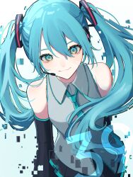 Rule 34 | 1girl, 39, absurdres, aqua eyes, aqua hair, aqua necktie, bare shoulders, black skirt, closed mouth, collared shirt, commentary, detached sleeves, fang, grey shirt, hair between eyes, hatsune miku, headset, highres, looking at viewer, miku day, necktie, shirt, skin fang, skirt, smile, solo, twintails, upper body, vocaloid, yoruse