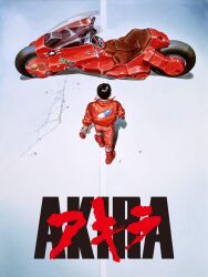Rule 34 | 1boy, akira (manga), akira movie poster, biker clothes, black hair, boots, copyright name, from above, from behind, full body, gloves, highres, jumpsuit, kaneda shoutarou&#039;s bike, kaneda shoutarou (akira), male focus, motor vehicle, motorcycle, official art, ootomo katsuhiro, solo, wide shot