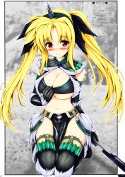 Rule 34 | 1girl, bandeau, bardiche (nanoha), blonde hair, blush, breasts, capcom, cleavage, colorized, cosplay, fate testarossa, hairband, highres, horns, kirin (armor), kirin (cosplay), large breasts, loincloth, long hair, lyrical nanoha, mahou shoujo lyrical nanoha, mahou shoujo lyrical nanoha strikers, midriff, monster hunter (series), navel, red eyes, ribbon, single horn, solo, strapless, thighhighs, tube top, twintails, uni8, very long hair, weapon