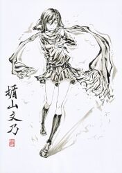 Rule 34 | 1girl, adjusting scarf, character name, closed mouth, commentary, enpera, floating scarf, fringe trim, full body, greyscale, hair between eyes, hair ornament, hairclip, ink (medium), ink wash painting, jidao huashi, kagerou project, kneehighs, leg up, legs apart, long hair, long legs, long scarf, looking at viewer, monochrome, neckerchief, pleated skirt, sailor collar, scarf, school uniform, seal impression, seal script, serafuku, simple background, skirt, smile, socks, solo, spot color, standing, standing on one leg, tateyama ayano, traditional media