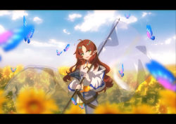 Rule 34 | 1girl, :d, ahoge, arknights, banner, belt, blue sky, blurry, brown hair, bug, butterfly, chinese commentary, cloud, cloudy sky, cowboy shot, dadijiji, day, depth of field, dress, female focus, flag, flower, green eyes, head tilt, highres, holding, holding flag, insect, jacket, letterboxed, long hair, looking at viewer, myrtle (arknights), off shoulder, open mouth, outdoors, parted bangs, pointy ears, sky, smile, solo, sunflower, wavy hair, white dress, white jacket